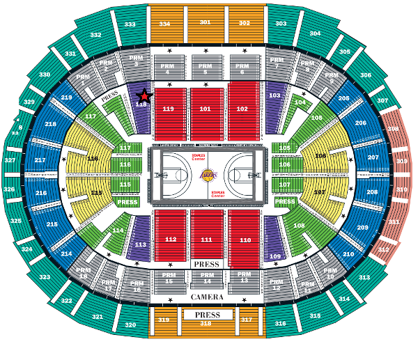 Section 118 - Row 16 - Seats 8-9 - BEHIND THE LAKERS BENCH! 